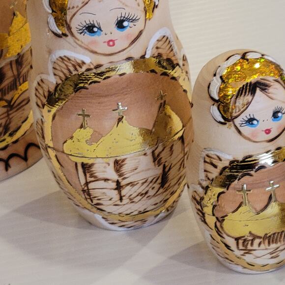 Vtg Russian Burned Wood Hand Painted Matryoshka Nesting Dolls Set of 5 Orthodox - Picture 6 of 14